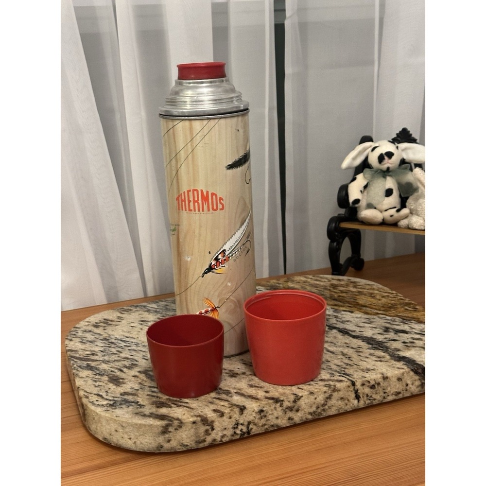 Vintage Fly Fishing Thermos with Polly Red Cap -  Made in Canada